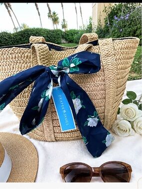 Draper James Natural Straw Tote with Navy Floral Scarf